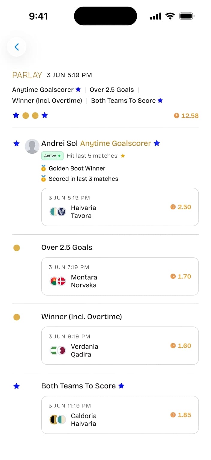 FootballPlus parlay screen with multiple market legs and odds