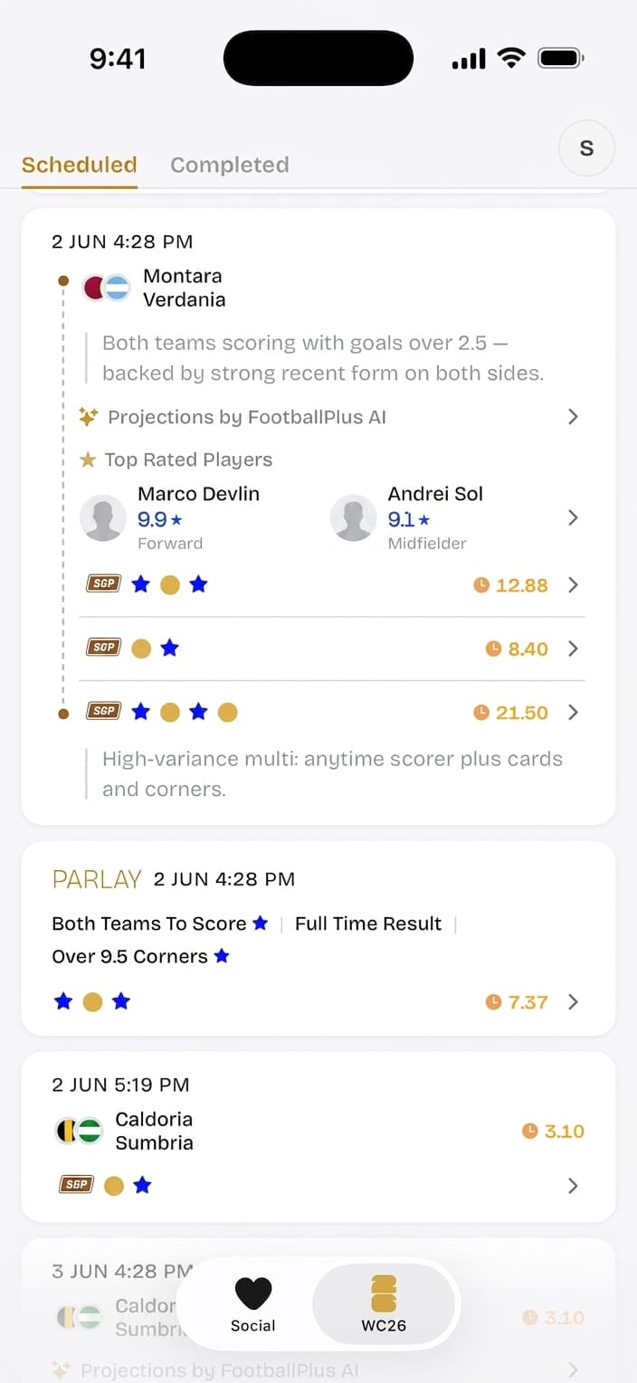 FootballPlus matchday picks feed showing same-game parlay legs with odds